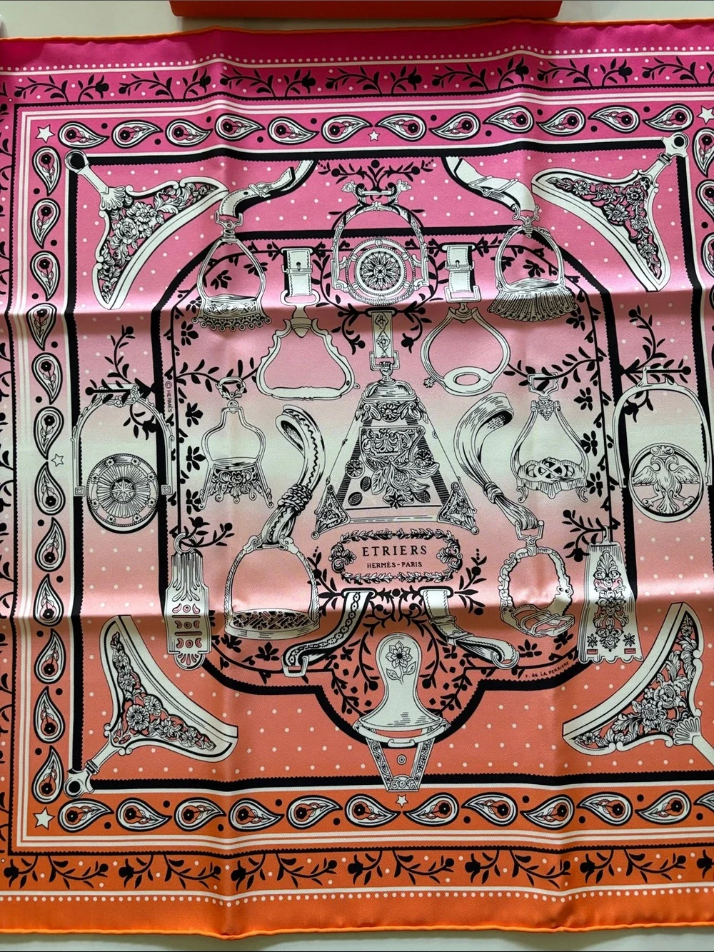 Hermes Pink and Orange Etriers Silk Scarf size 55cm x 55cm